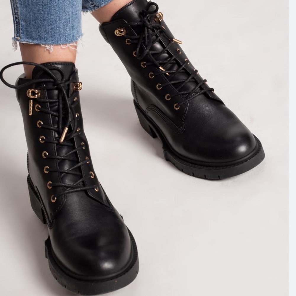 Coach Lorimer Combat Logo Lace-Up Boot in Black | SZ 6